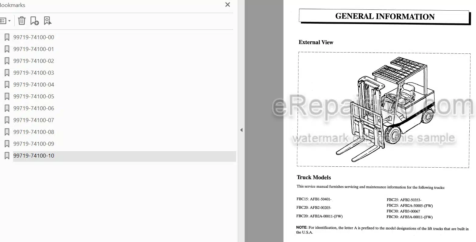 Photo 3 - Mitsubishi FBC15 FBC20 FBC25 FBC30 Service Manual Forklift Chassis 99719-74100