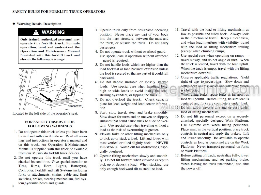 Photo 5 - Mitsubishi FBC15N FBC18N FBC18LN FBC20N FBC25EN FBC25N FBC25LN FBC30N FBC30LN Operation And Maintenance Manual Forklift 99750-7C131 99750-7C121