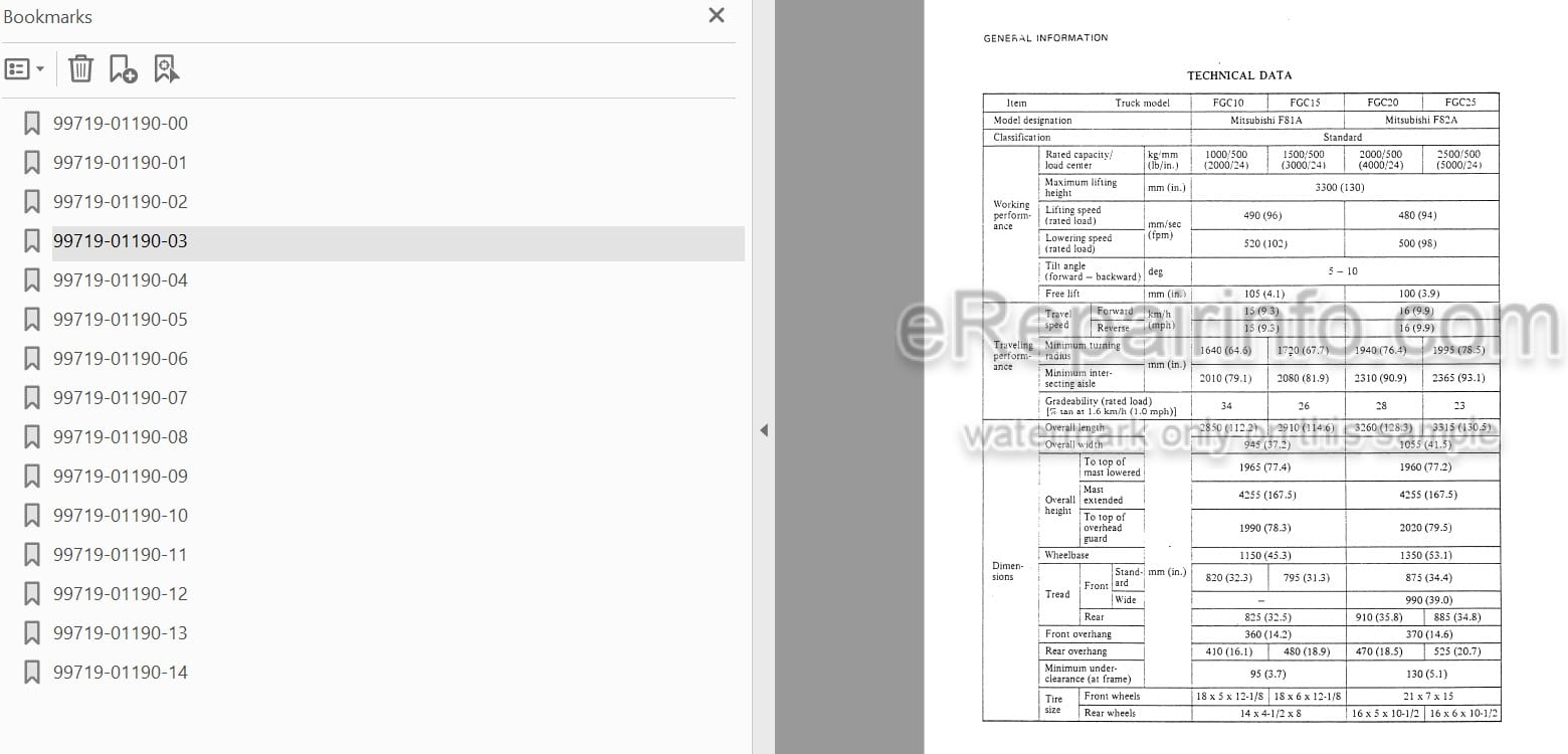 Photo 4 - Mitsubishi FGC10 FGC15 FGC20 FGC25 FGC30 FDC20 FDC25 Service Manual Forklift Chassis 99719-01190