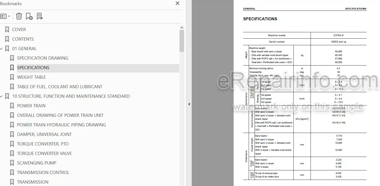 Photo 5 - Komatsu D375A-5 VHMS Spec Shop Manual Bulldozer SEBM036103 SN 18052-