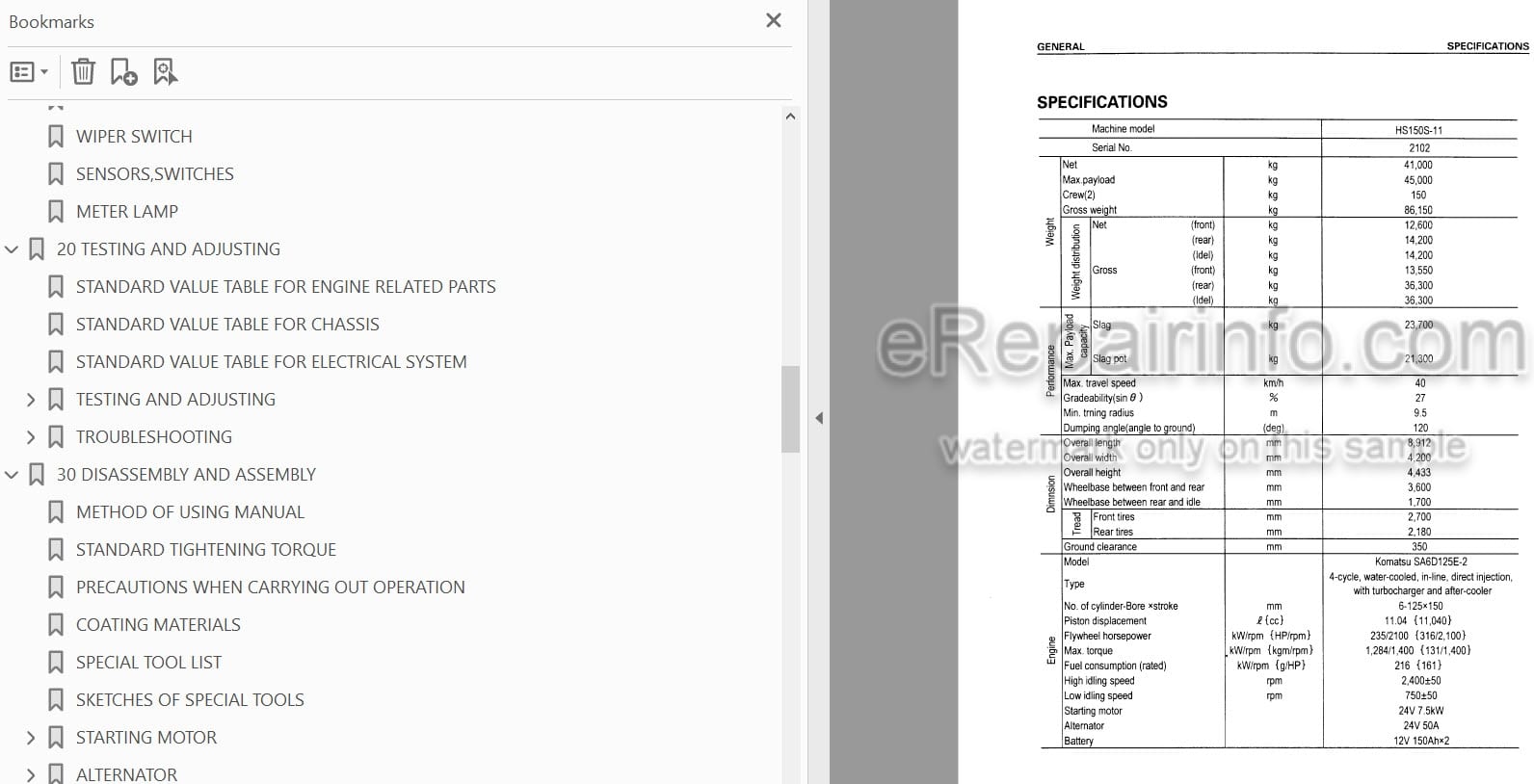 Photo 3 - Komatsu HS150S-11 Shop Manual Dump Truck SEBMW00801 SN 2102-