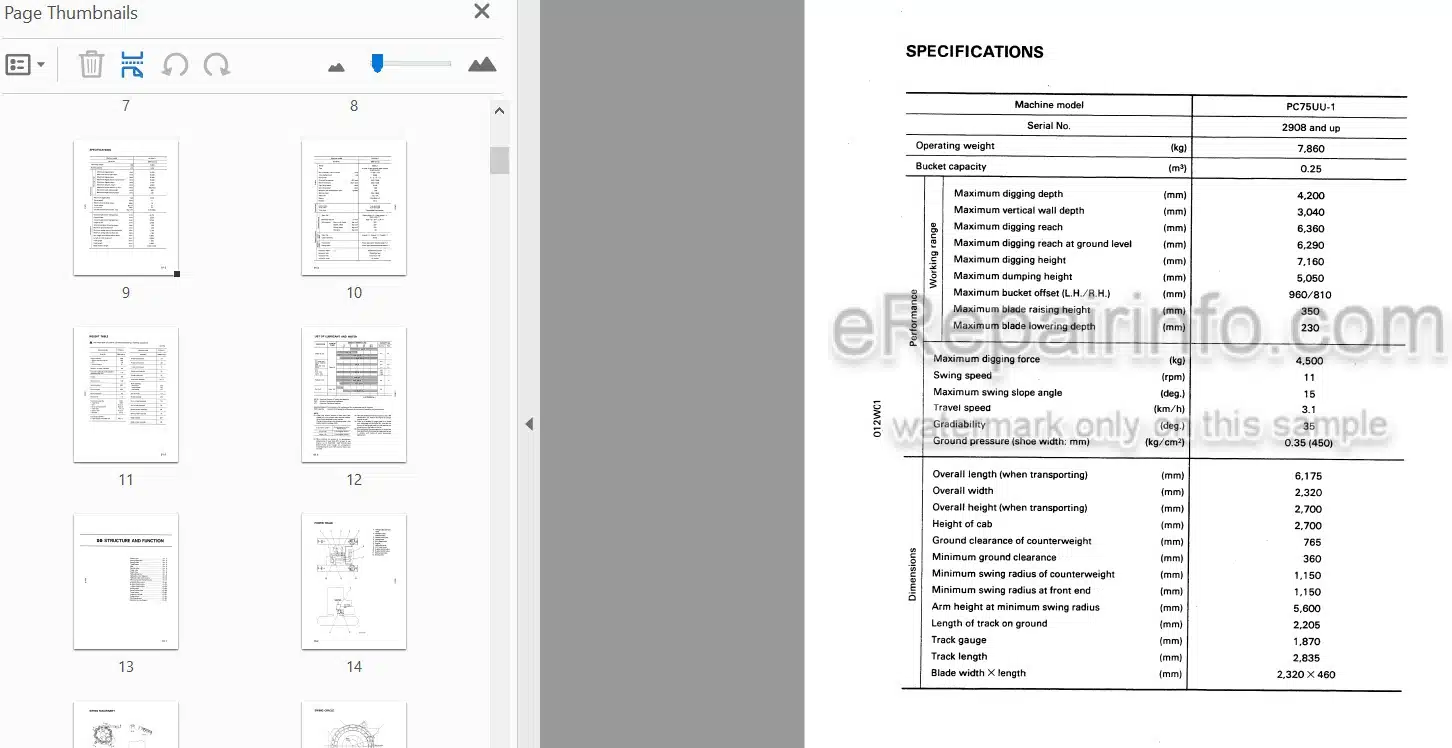 Photo 3 - Komatsu PC75UU-1 Shop Manual Hydraulic Excavator SEBM000401 SN 2908-