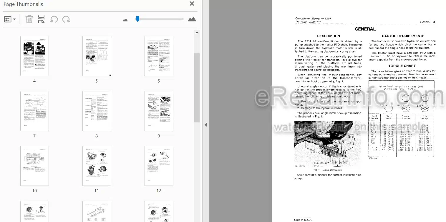 Photo 4 - John Deere 1214 Technical Manual Mower Conditioner TM1132