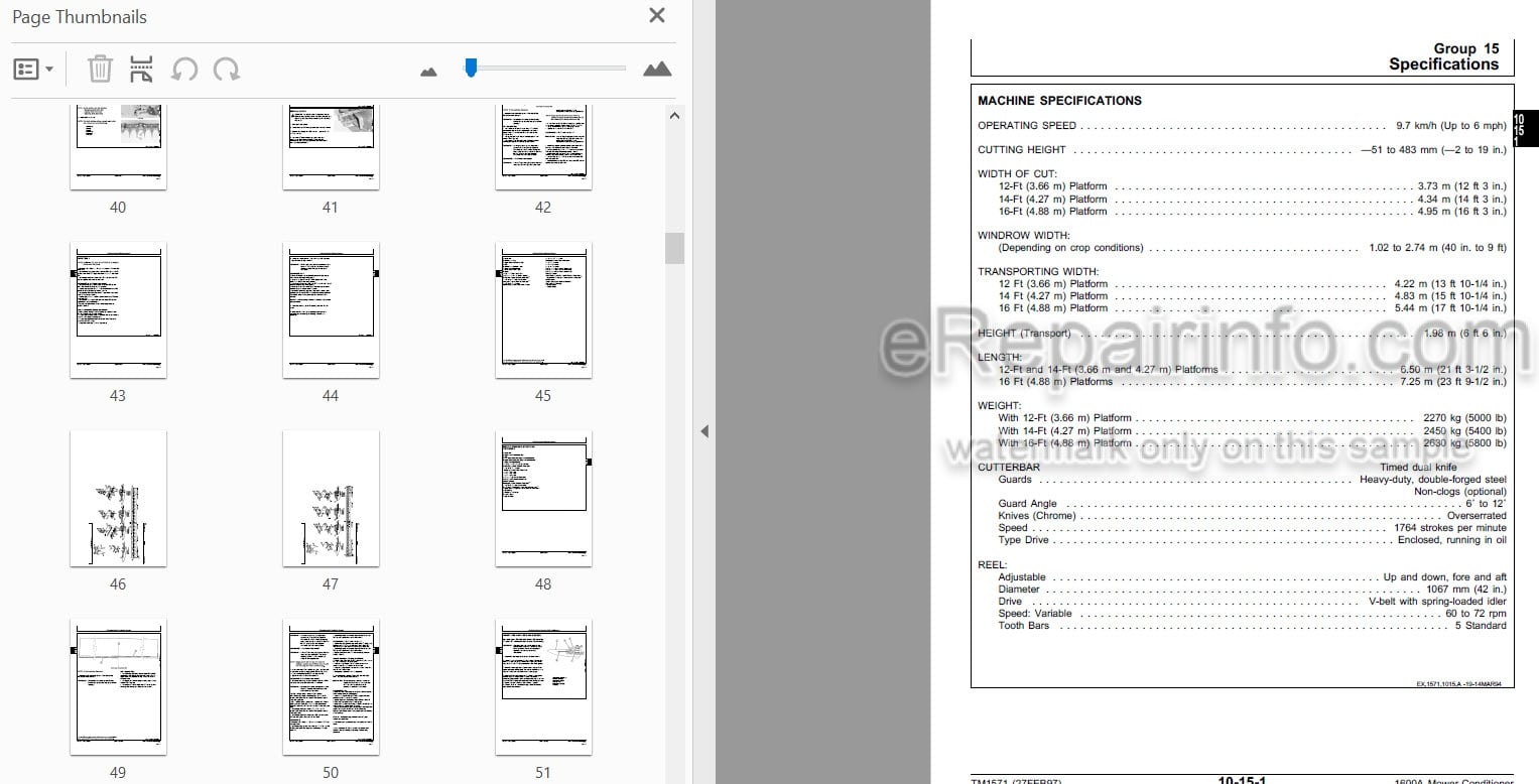 Photo 3 - John Deere 1600A Technical Manual Mower Conditioner TM1571