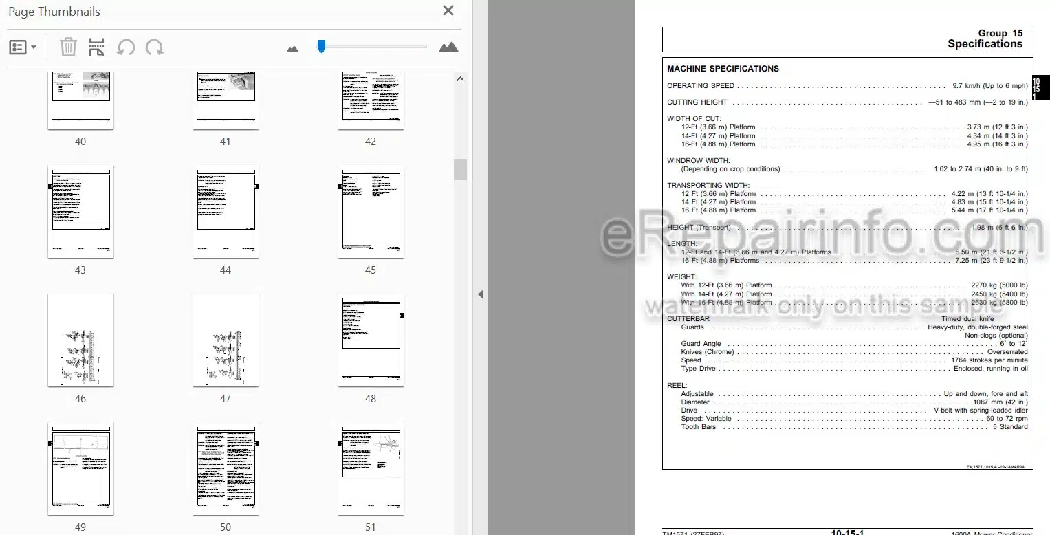 Photo 3 - John Deere 1600A Technical Manual Mower Conditioner TM1571