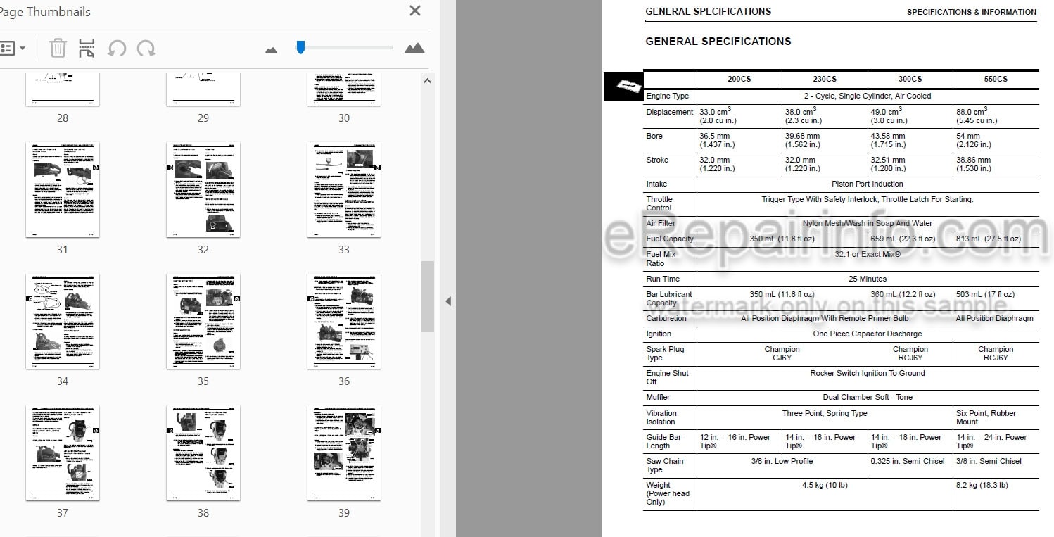 Photo 3 - John Deere 200CS 230CS 300CS 550CS Technical Manual Chainsaw TM1750