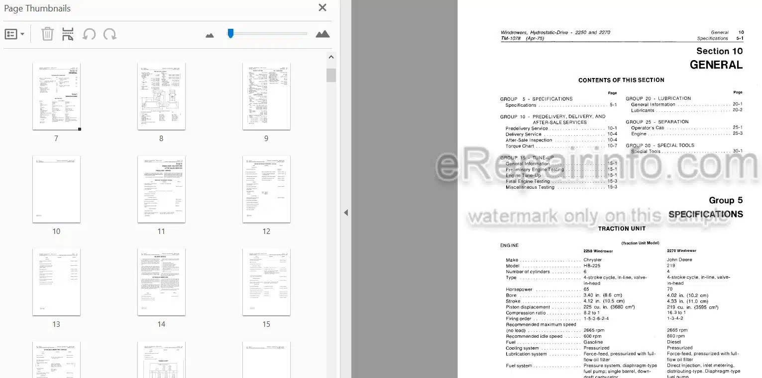 Photo 3 - John Deere 2250 2270 Technical Manual Hydrostatic Windrower TM1078