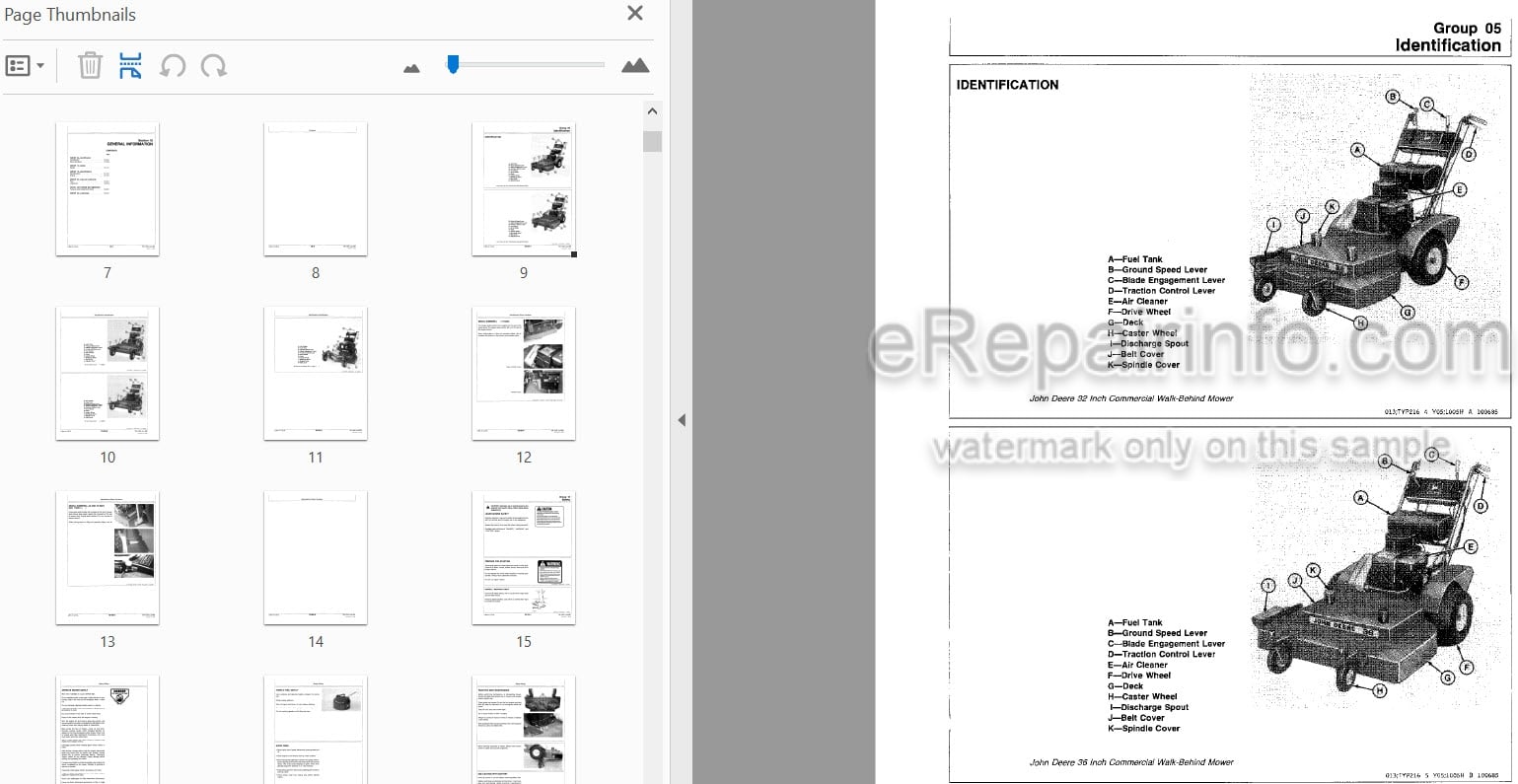 Photo 3 - John Deere 32 36 48 52 Inch Technical Repair Manual Commercial Walk Behind Mower TM1305
