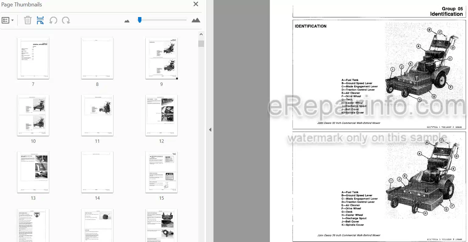 Photo 3 - John Deere 32 36 48 52 Inch Technical Repair Manual Commercial Walk Behind Mower TM1305