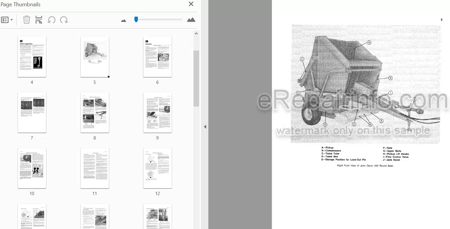 Photo 3 - John Deere 500 Operators Manual Round Baler OME5825115