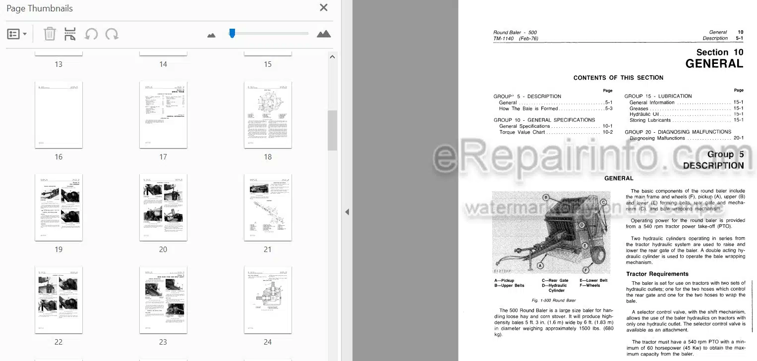 Photo 4 - John Deere 500 Technical Repair Manual Round Baler TM1140