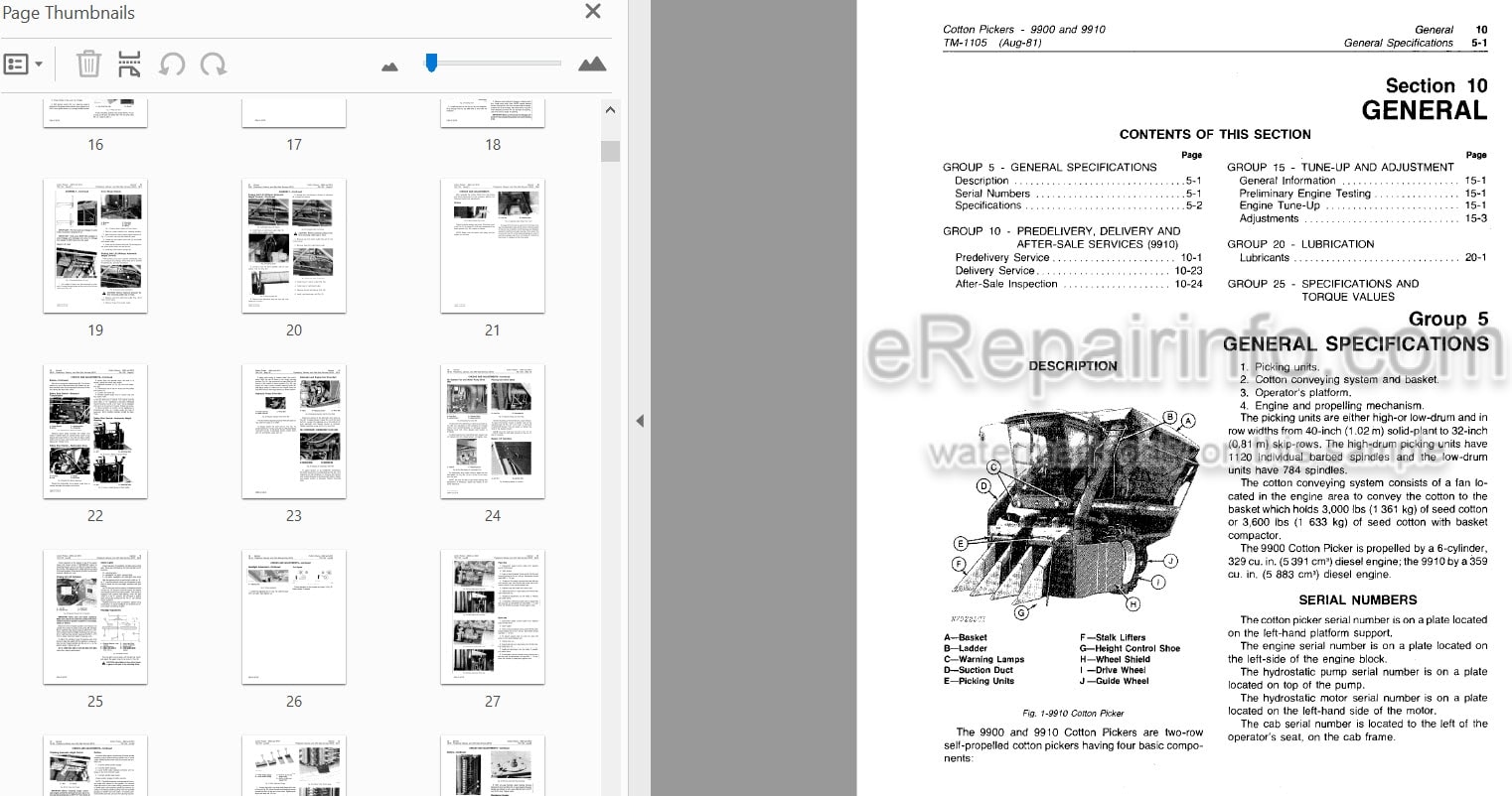 Photo 3 - John Deere 9900 9910 Technical Repair Manual Cotton Picker TM1105