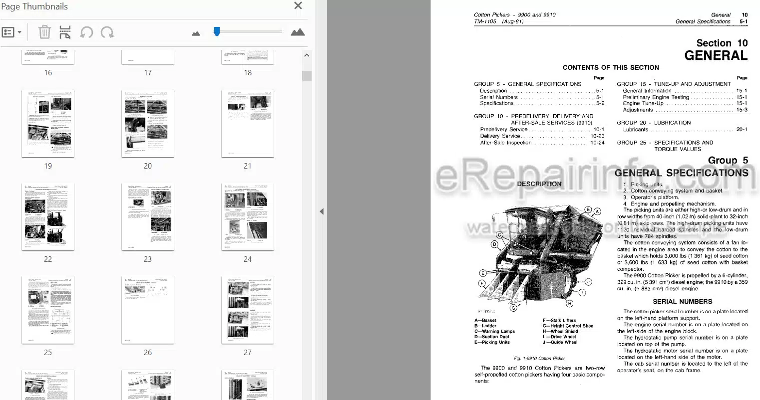 Photo 3 - John Deere 9900 9910 Technical Repair Manual Cotton Picker TM1105
