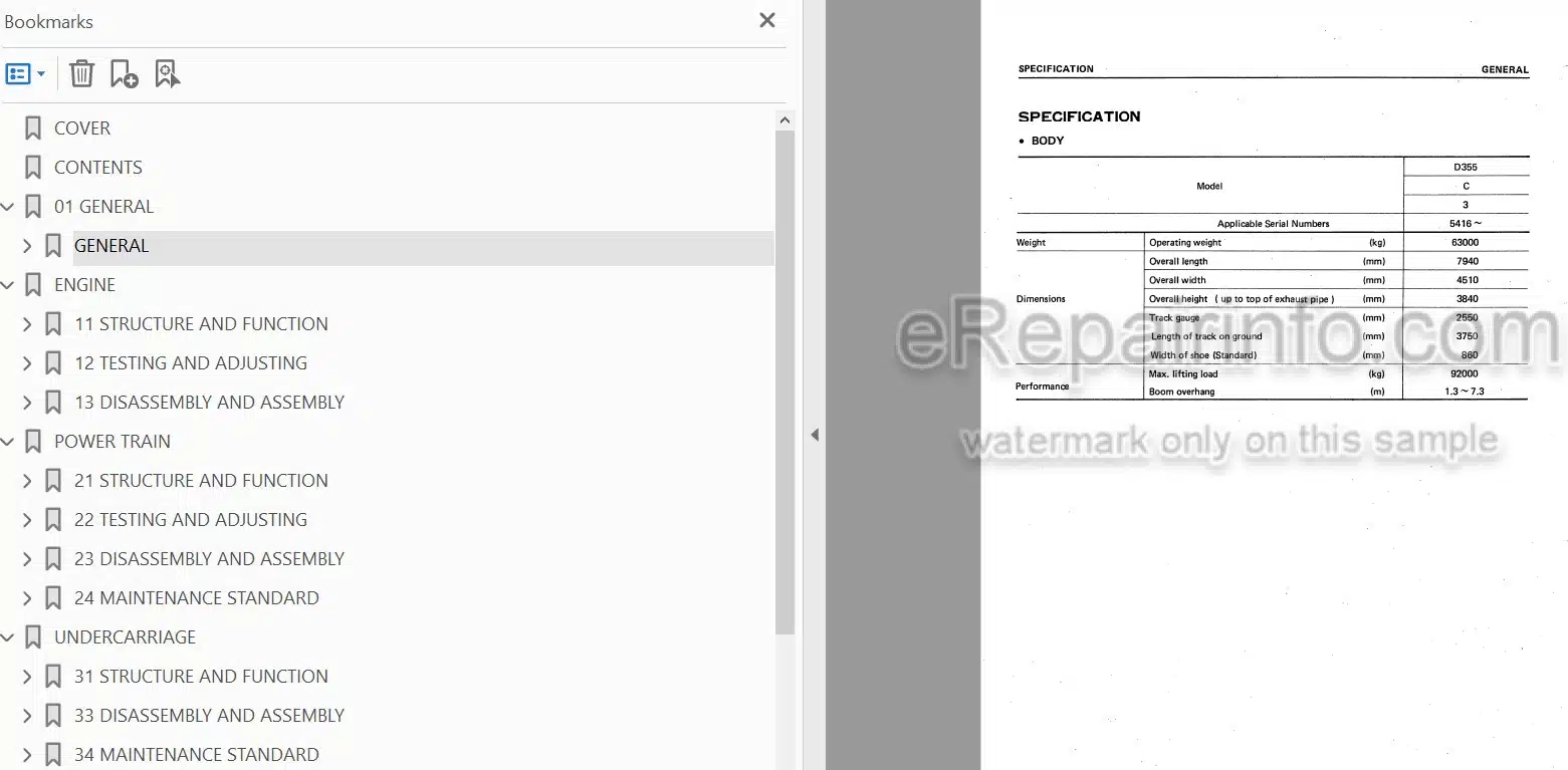 Photo 4 - Komatsu D355C-3 Shop Manual Pipelayer SEBM0196B00 SN 5416-