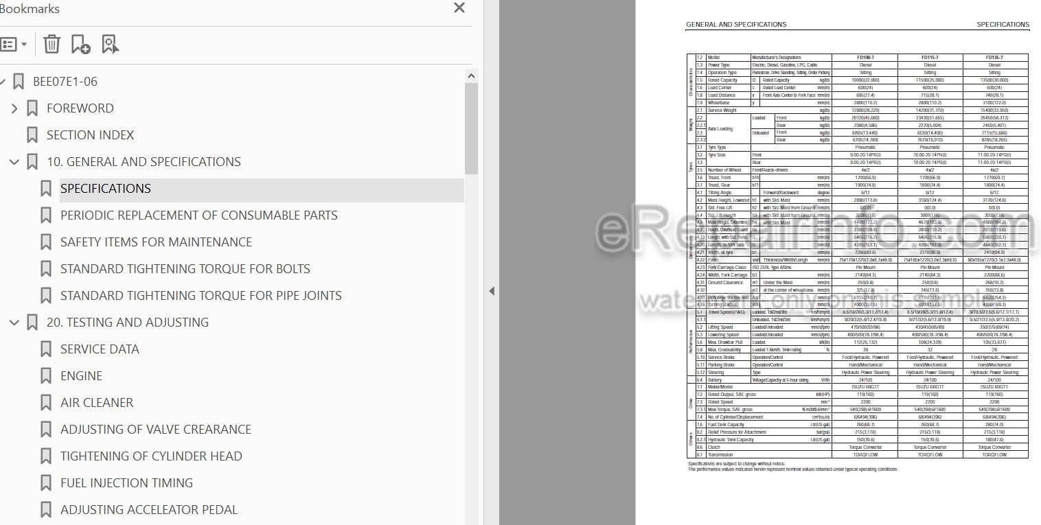Photo 5 - Komatsu FD100-7 To FD160E-7 Shop Manual Forklift BEE07E1-06 SM227