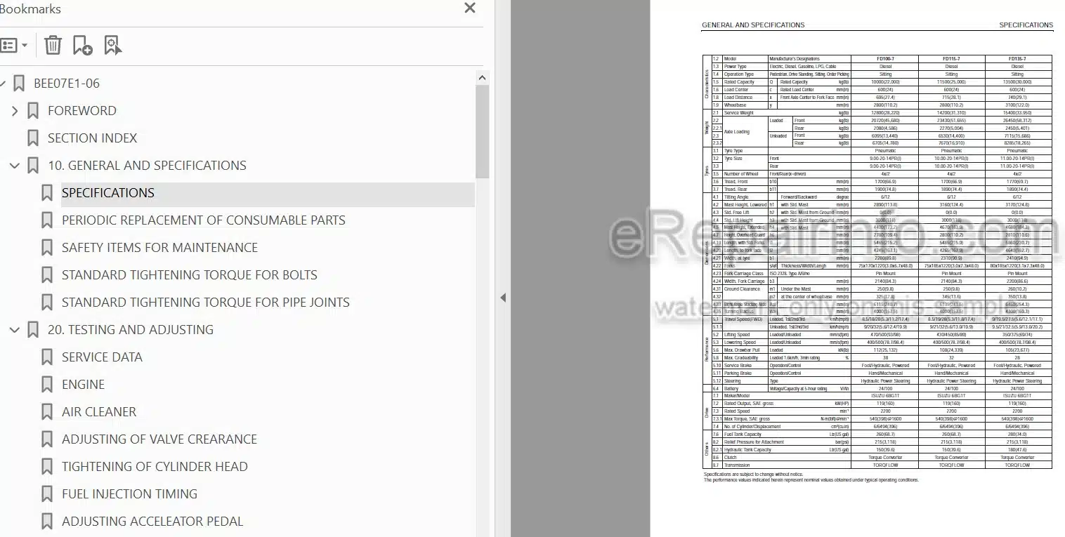 Photo 5 - Komatsu FD100-7 To FD160E-7 Shop Manual Forklift BEE07E1-06 SM227