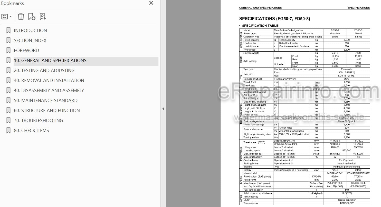 Photo 3 - Komatsu FG50-7 To FD80-8 DX7 DX8 Shop Manual Forklift Truck SM141