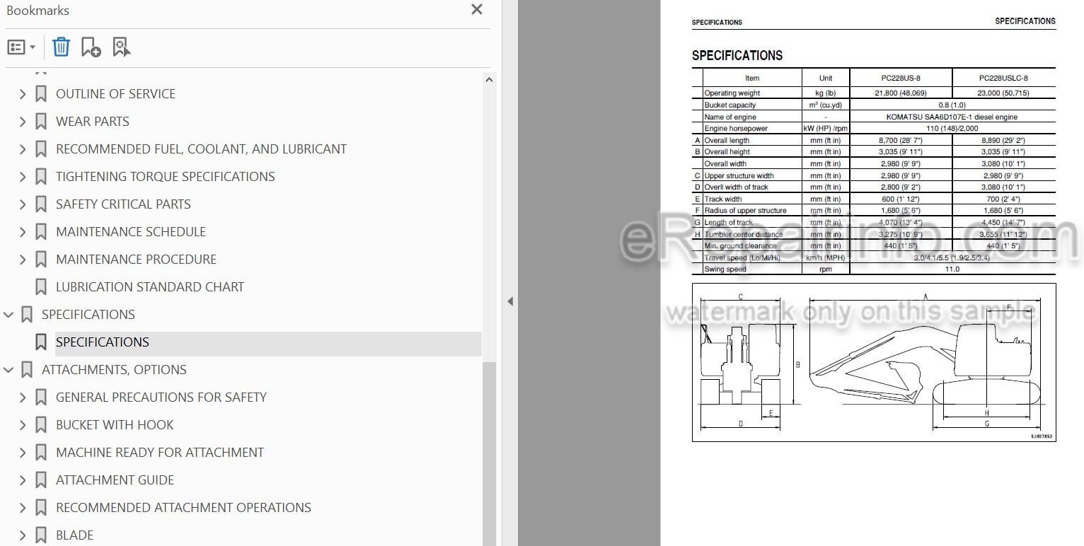 Photo 3 - Komatsu PC228US-8 PC228USLC-8 Operation And Maintenance Manual Hydraulic Excavator TEN00391-00 SN 50001-