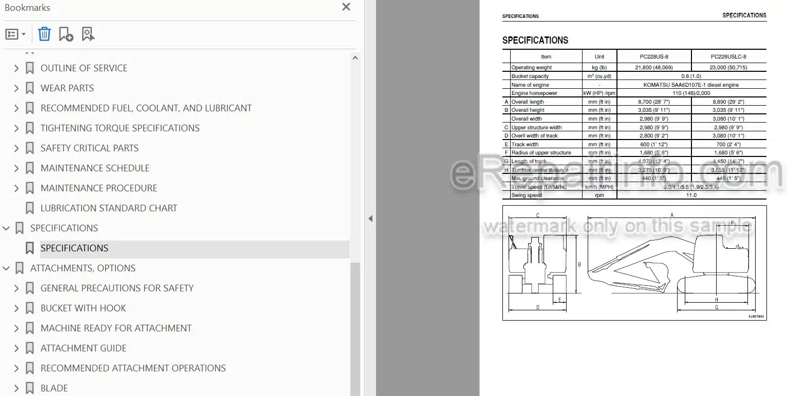 Photo 3 - Komatsu PC228US-8 PC228USLC-8 Operation And Maintenance Manual Hydraulic Excavator TEN00391-00 SN 50001-