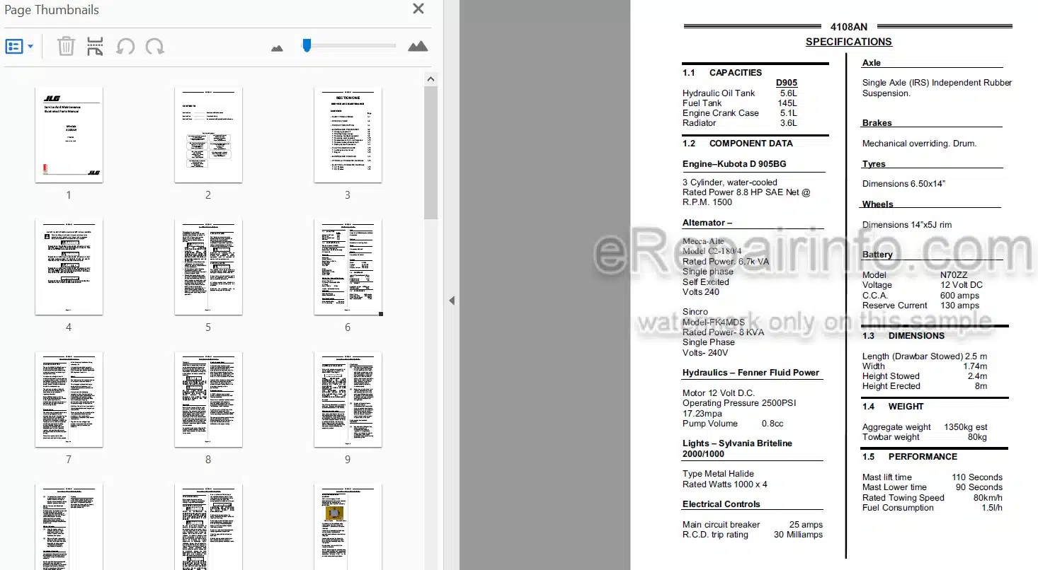 Photo 5 - JLG 4108AN Service And Maintenance Parts And Supplement Manual Lighting Tower 1734150