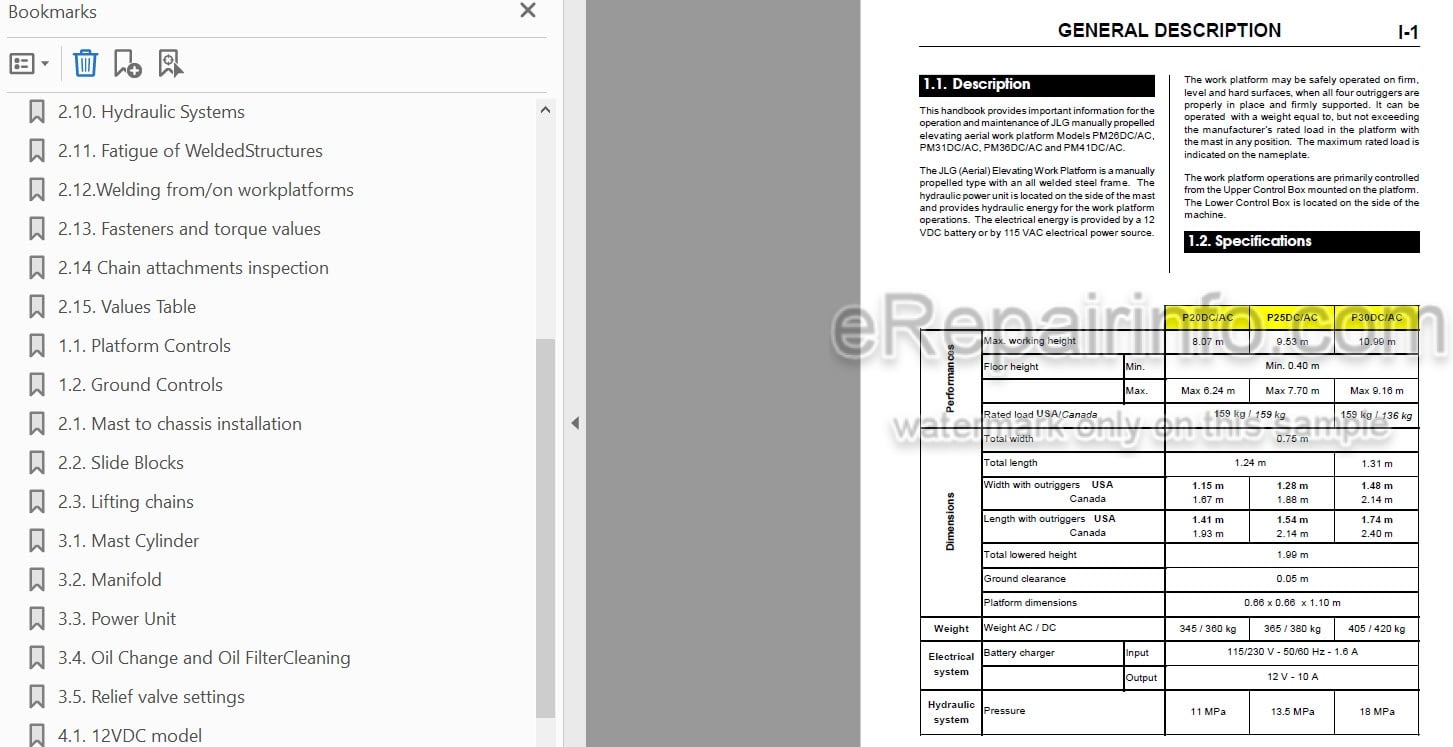 Photo 4 - JLG P20AC To P30DC Service Manual Mast Boom Lift MA0109-07 USA Models