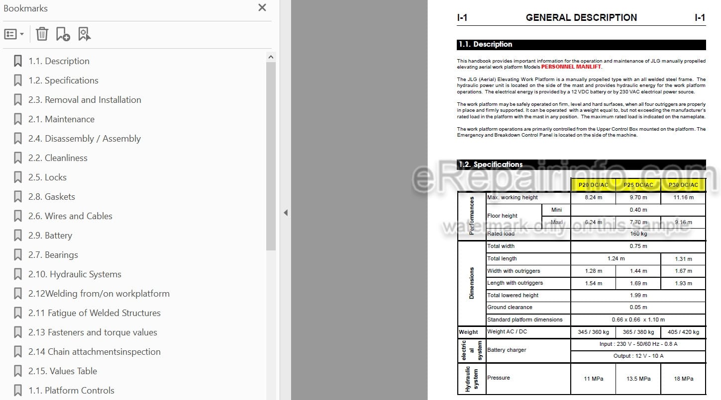 Photo 4 - JLG P20AC To P30DC Service Manual Mast Boom Lift MA0129-05 Australia New Zealand Models