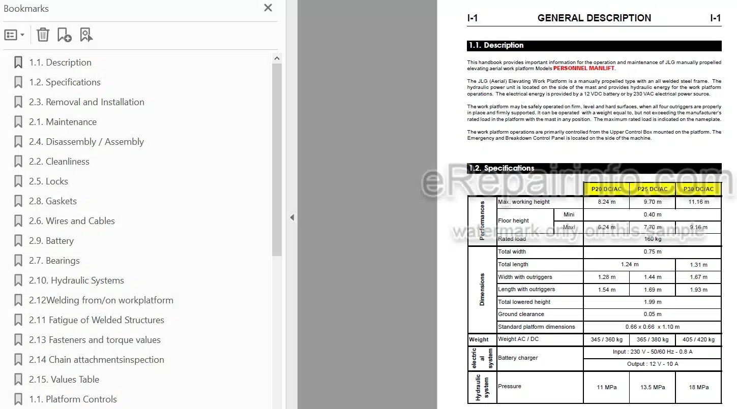 Photo 4 - JLG P20AC To P30DC Service Manual Mast Boom Lift MA0129-05 Australia New Zealand Models