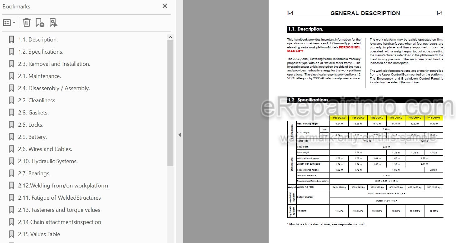 Photo 4 - JLG P20AC To P40DC Service Manual Mast Boom Lift MA0119-07
