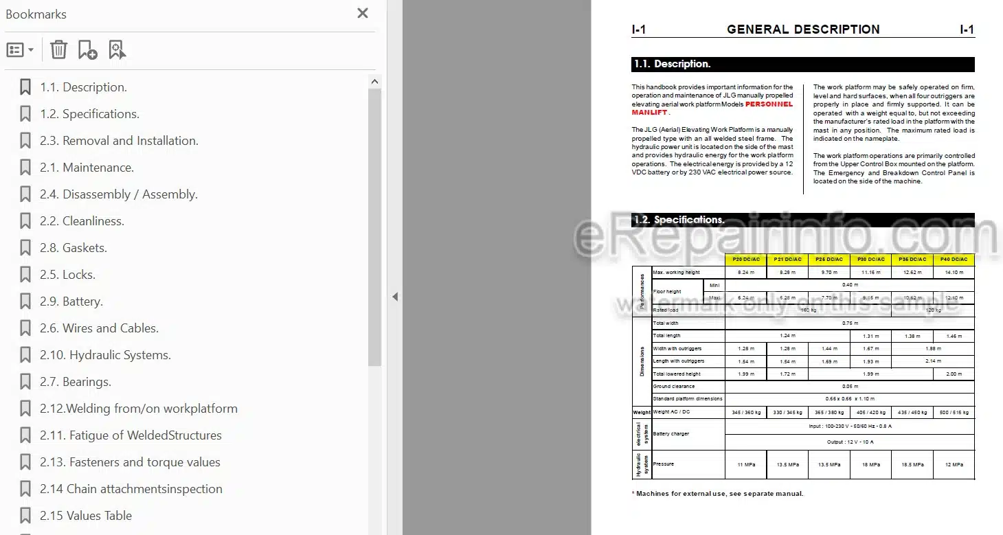 Photo 4 - JLG P20AC To P40DC Service Manual Mast Boom Lift MA0119-07