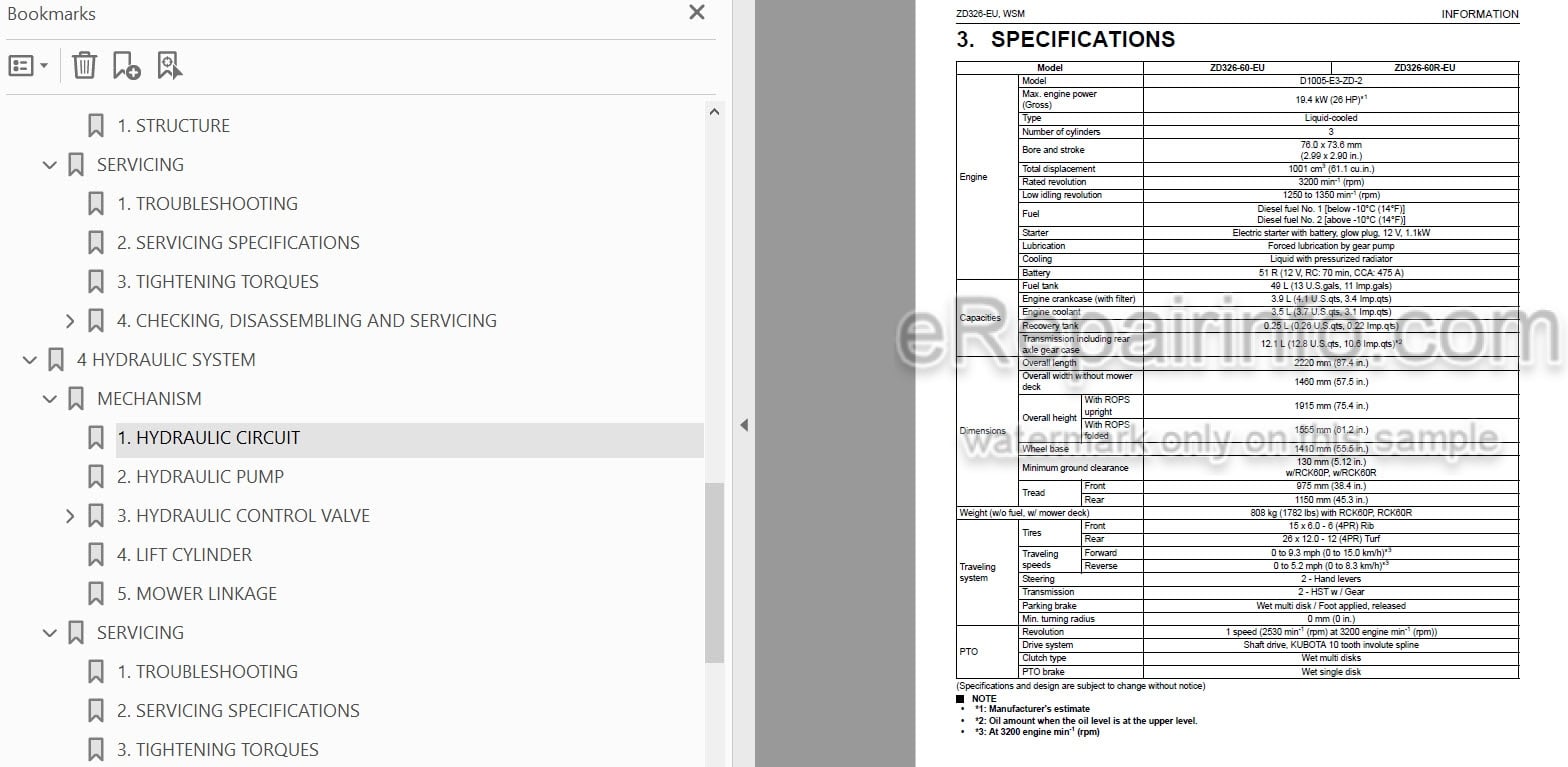 Photo 3 - Kubota ZD326-EU Workshop Manual Mower
