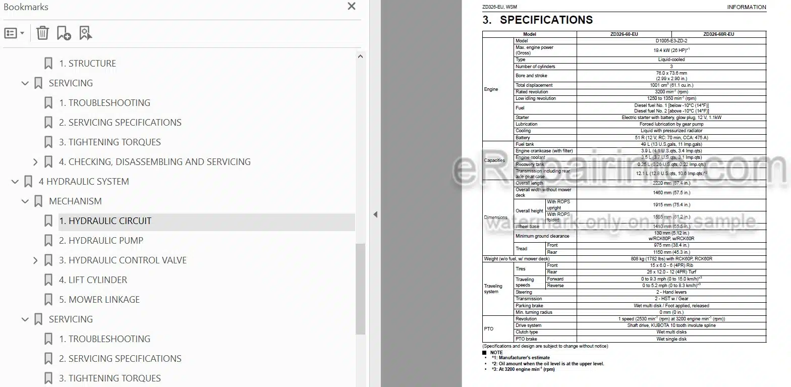 Photo 3 - Kubota ZD326-EU Workshop Manual Mower