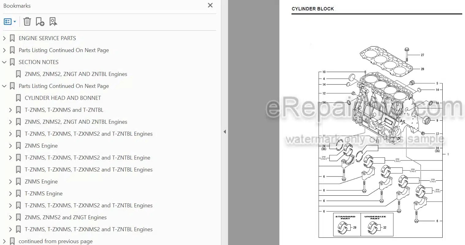 Photo 1 - Yanmar 4TNV98-ZNMS To 4TNV98T-ZXNMS2 Parts Manual Engine 917304