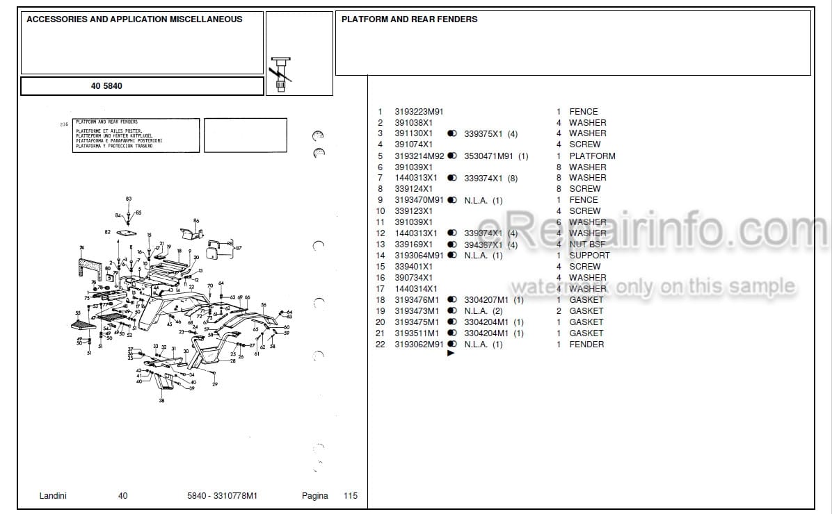 Photo 4 - Landini 5840 Parts Catalog Tractor 3310779M1