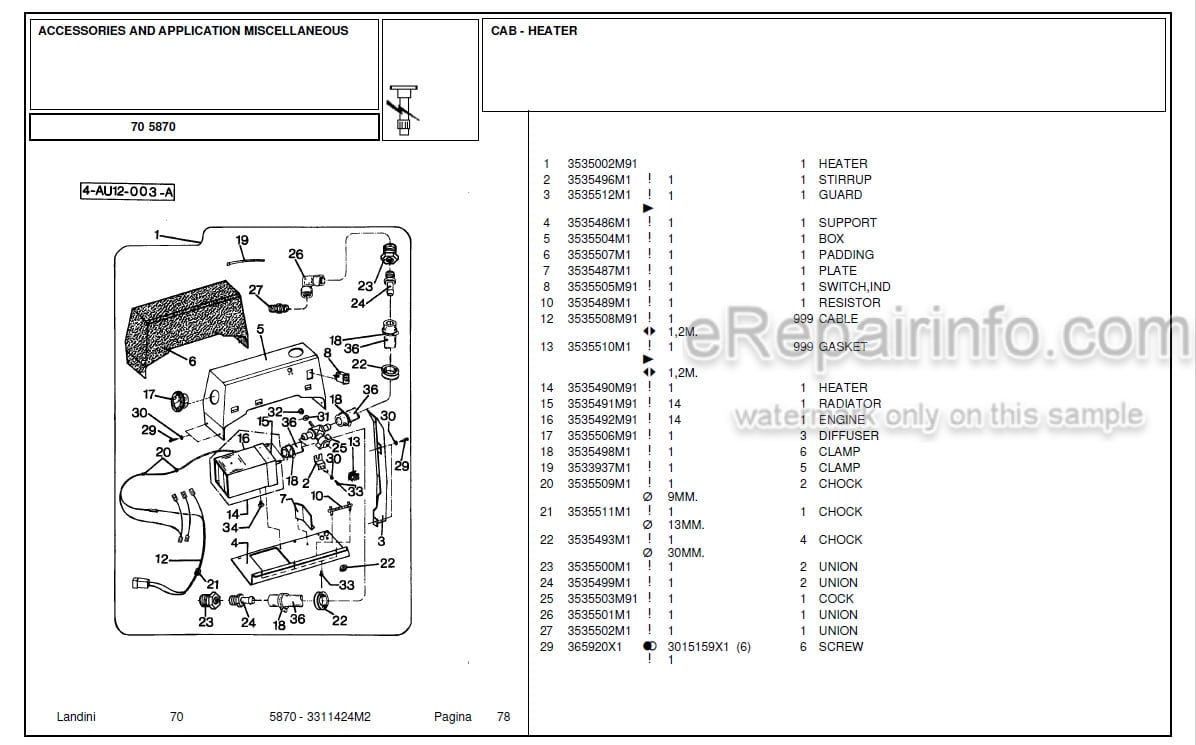 Photo 4 - Landini 5870 Parts Catalog Tractor 3311424M2