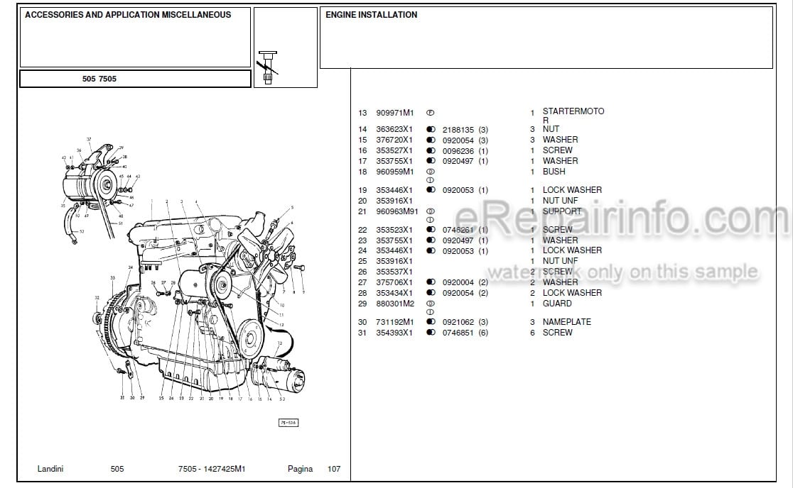 Photo 4 - Landini 7505 Parts Catalog Tractor 1427425M1