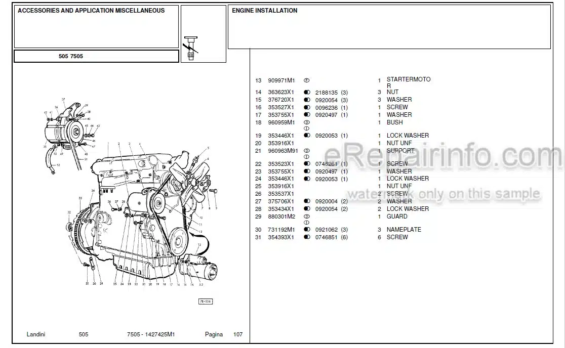 Photo 4 - Landini 7505 Parts Catalog Tractor 1427425M1