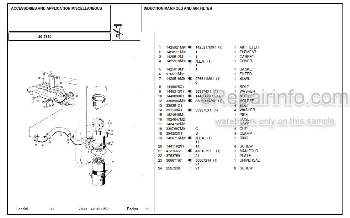 Photo 4 - Landini 7830 Parts Catalog Tractor 3310500M2