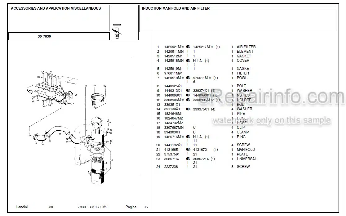 Photo 4 - Landini 7830 Parts Catalog Tractor 3310500M2