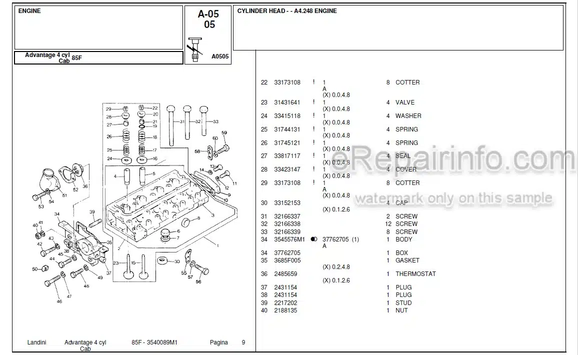 Photo 4 - Landini Advantage 85F Parts Catalog Tractor 3540089M1