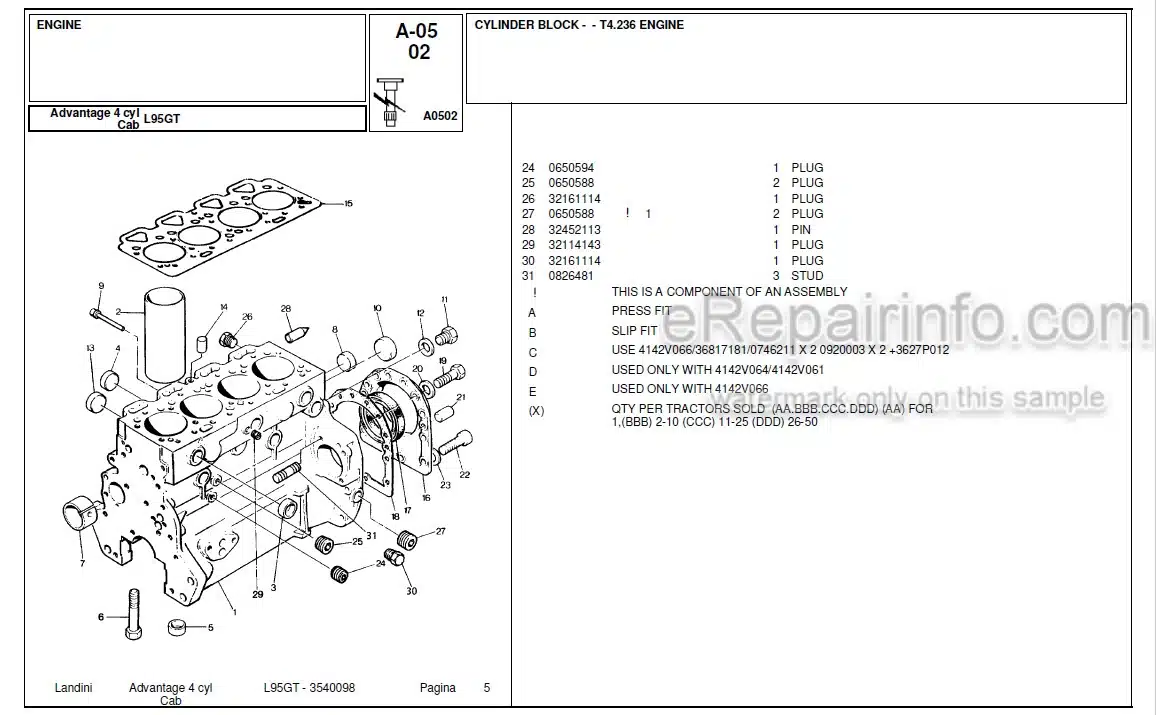 Photo 5 - Landini Advantage L95GT Parts Catalog Engine 3540095