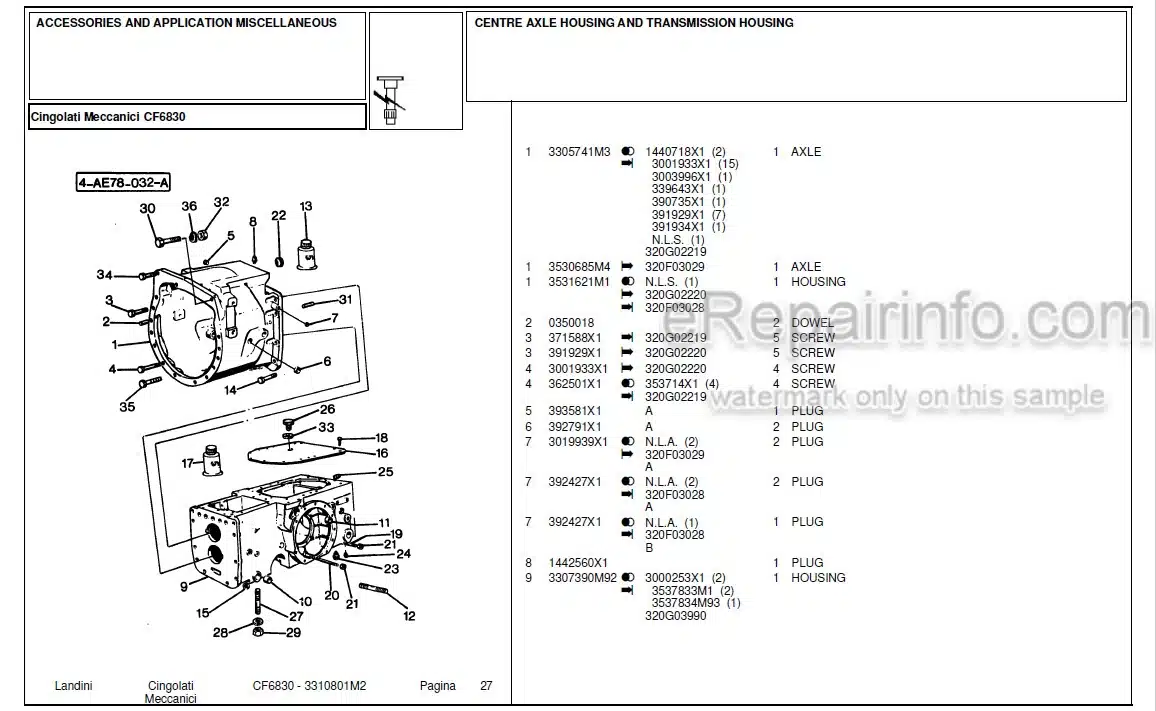 Photo 2 - Landini CF6830 Parts Catalog Crawler Tractor 3310801M2