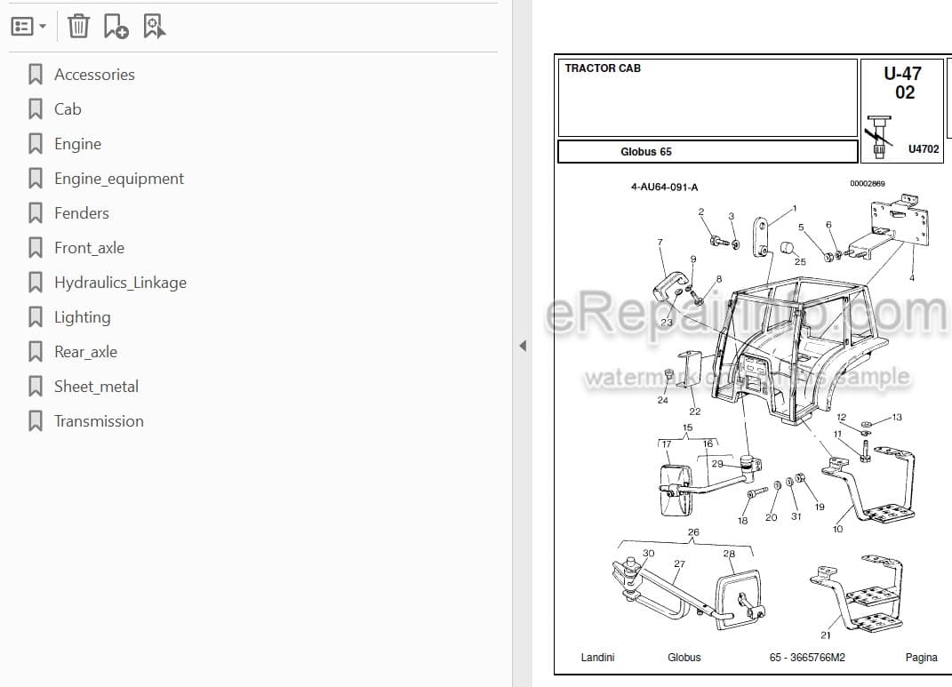Photo 3 - Landini Globus 65 Parts Catalog Tractor 3665766M2