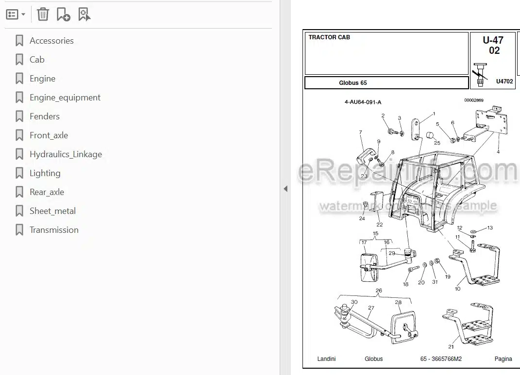 Photo 3 - Landini Globus 65 Parts Catalog Tractor 3665766M2