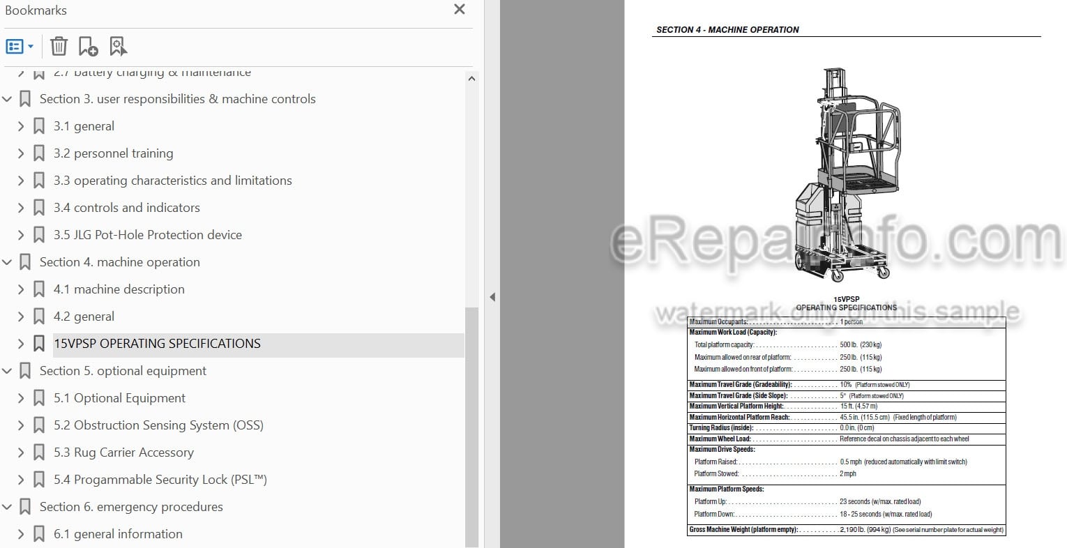 Photo 3 - JLG 15VPSP Operators And Safety Manual Vertical Mast 3120796