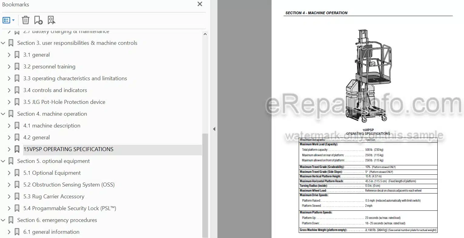 Photo 3 - JLG 15VPSP Operators And Safety Manual Vertical Mast 3120796