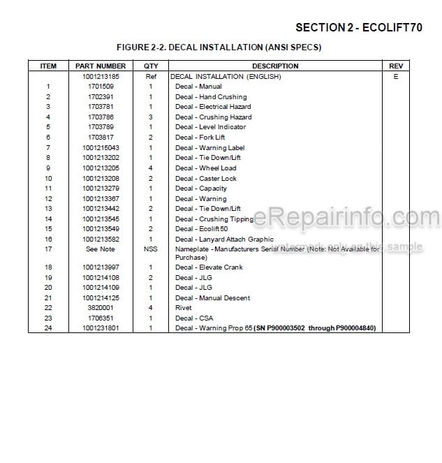 Photo 4 - JLG Ecolift 50 Ecolift 70 830P Illustrated Parts Manual Vertical Mast 3121743 SN1