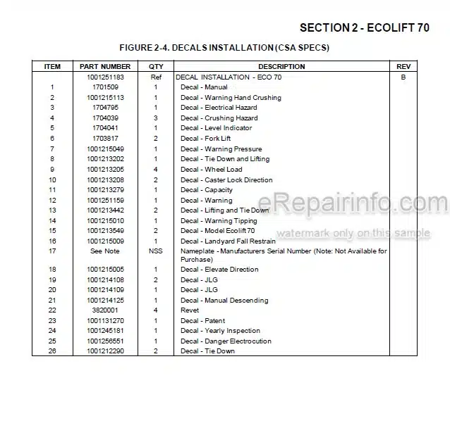 Photo 4 - JLG Ecolift 50 Ecolift 70 830P Illustrated Parts Manual Vertical Mast 31215864 SN2