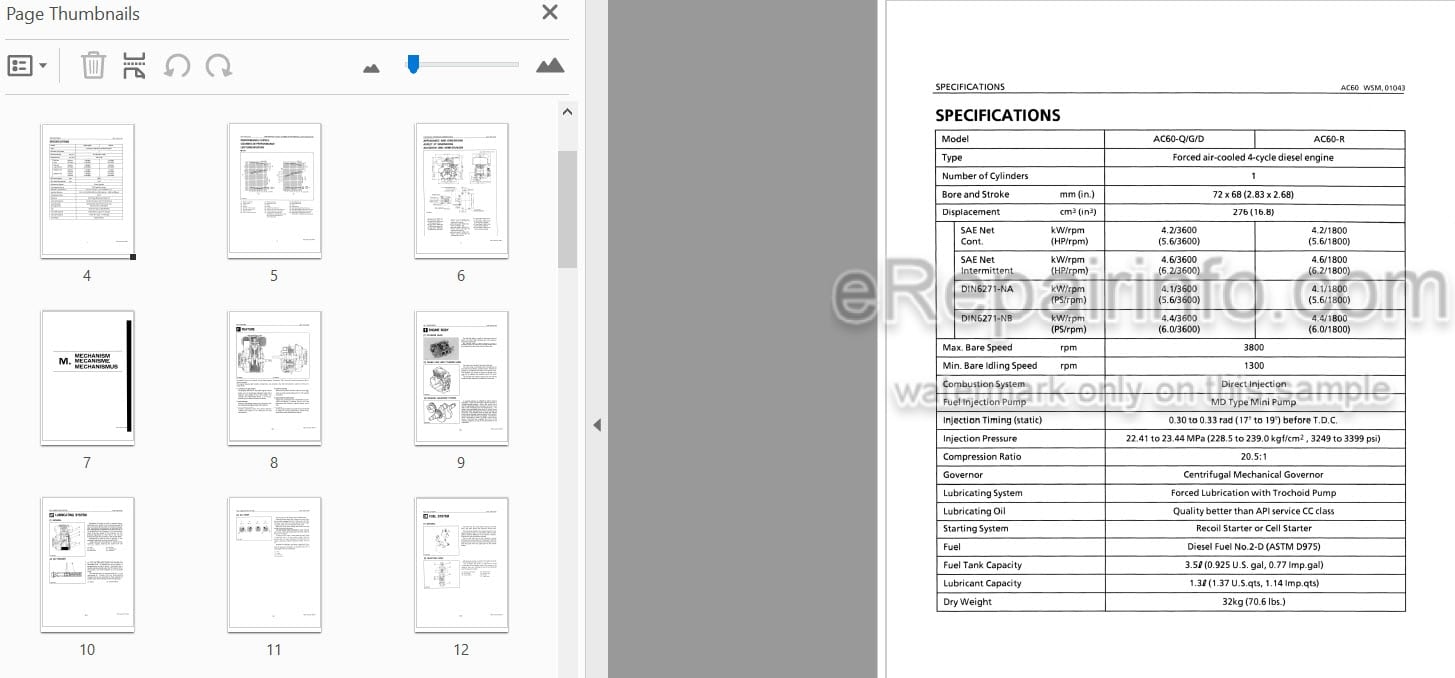 Photo 3 - Kubota AC60 Workshop Manual Diesel Engine 9Y011-01043