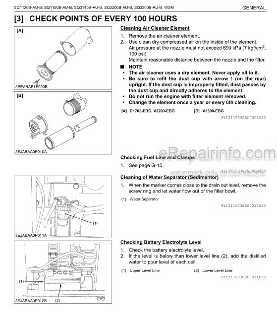 Photo 1 - Kubota SQ1120B-AU-B To SQ3300B-AU-B Workshop Manual Diesel Generator 9Y111-16030