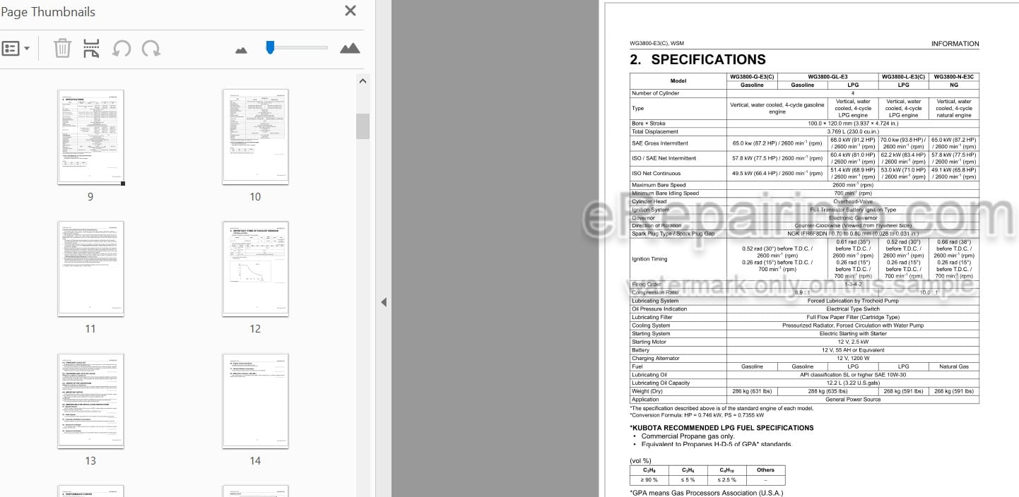 Photo 3 - Kubota WG3800-E3 WG3800-E3C Workshop Manual Gasoline LPG Natural Gas Engine 9Y111-13095